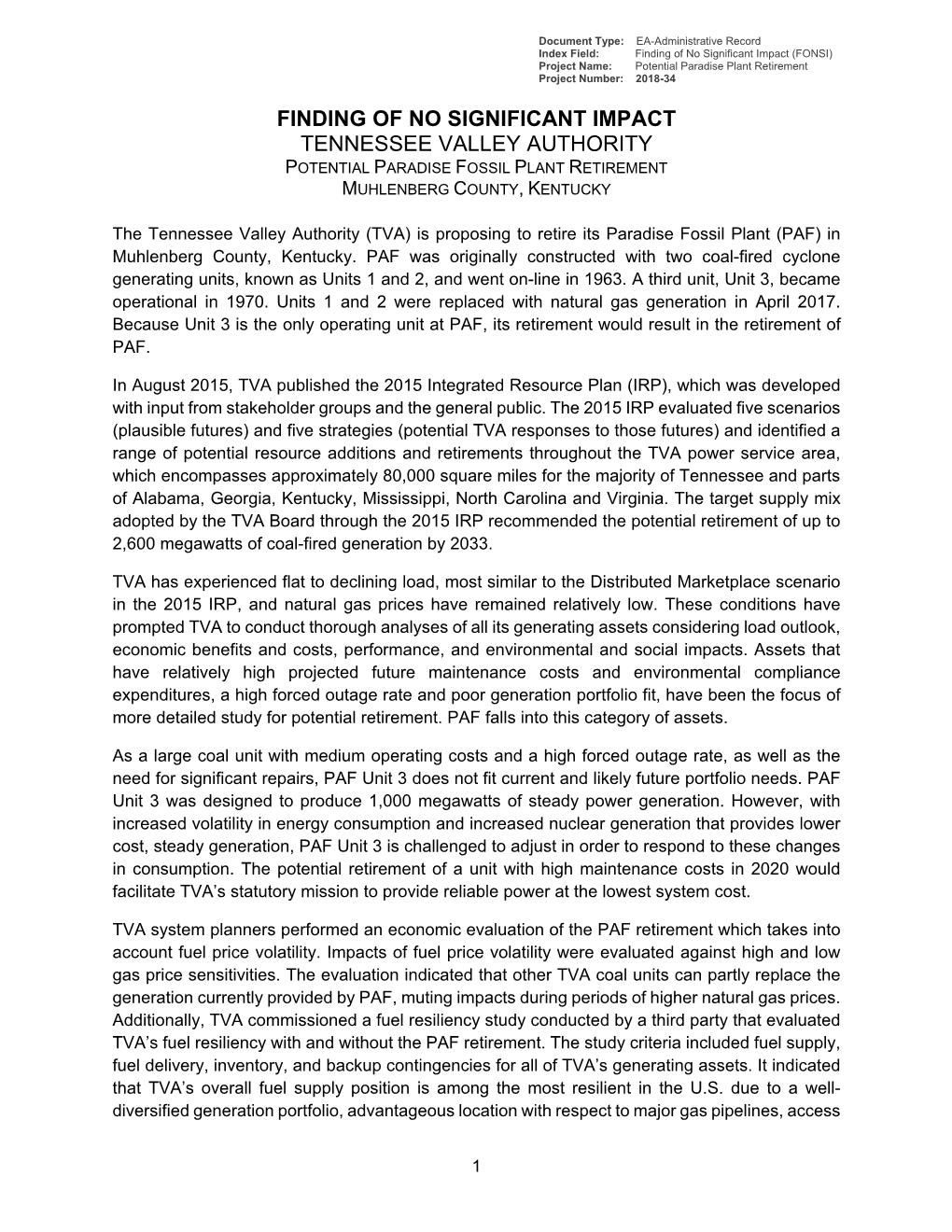 Finding of No Significant Impact Tennessee Valley Authority Potential Paradise Fossil Plant Retirement Muhlenberg County, Kentucky