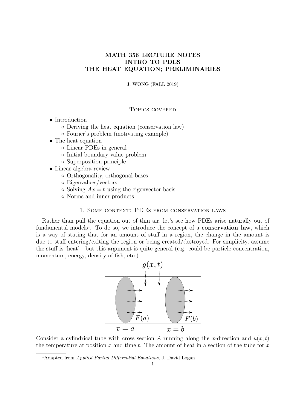 Math 356 Lecture Notes Intro to Pdes the Heat Equation; Preliminaries