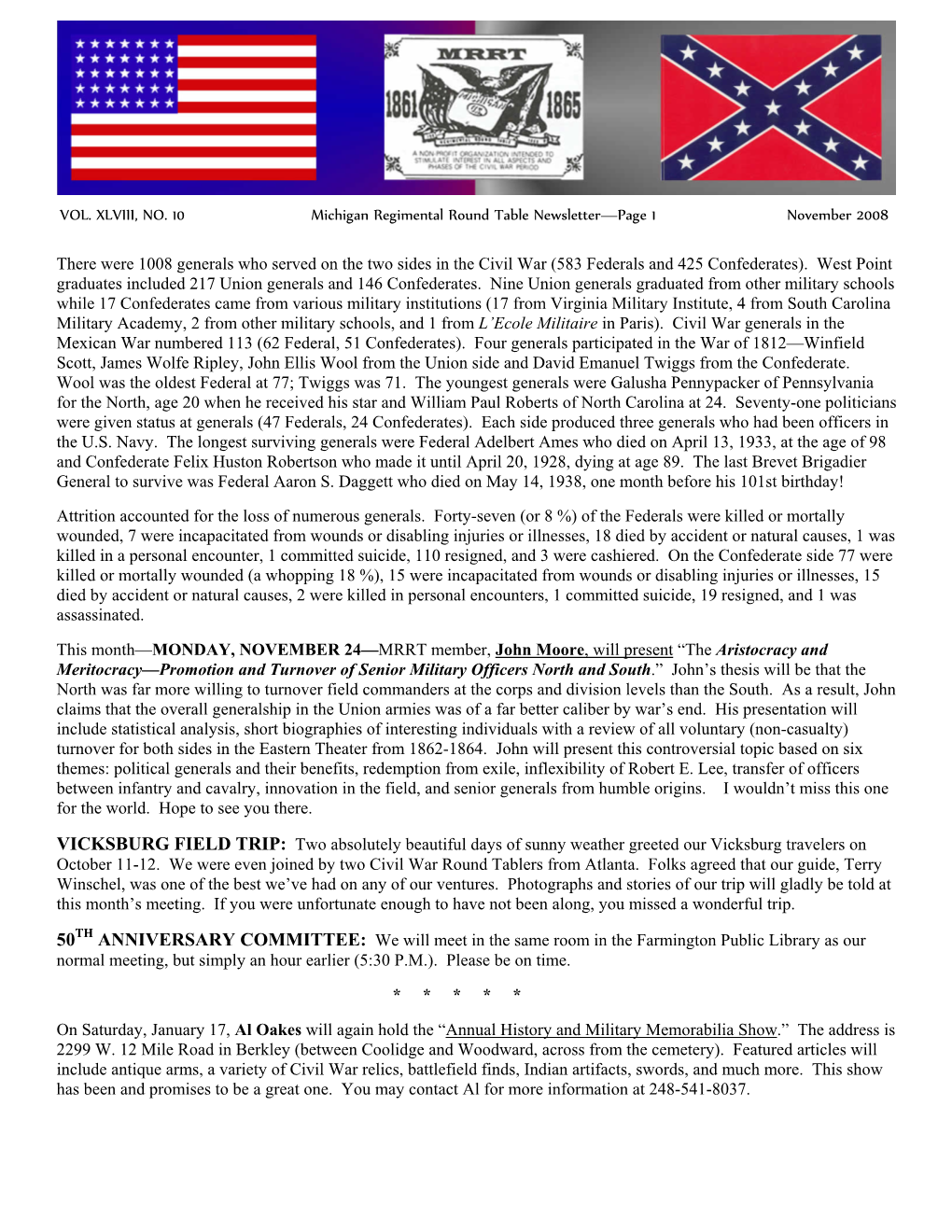 VOL. XLVIII, NO. 10 Michigan Regimental Round Table Newsletter—Page 1 November 2008