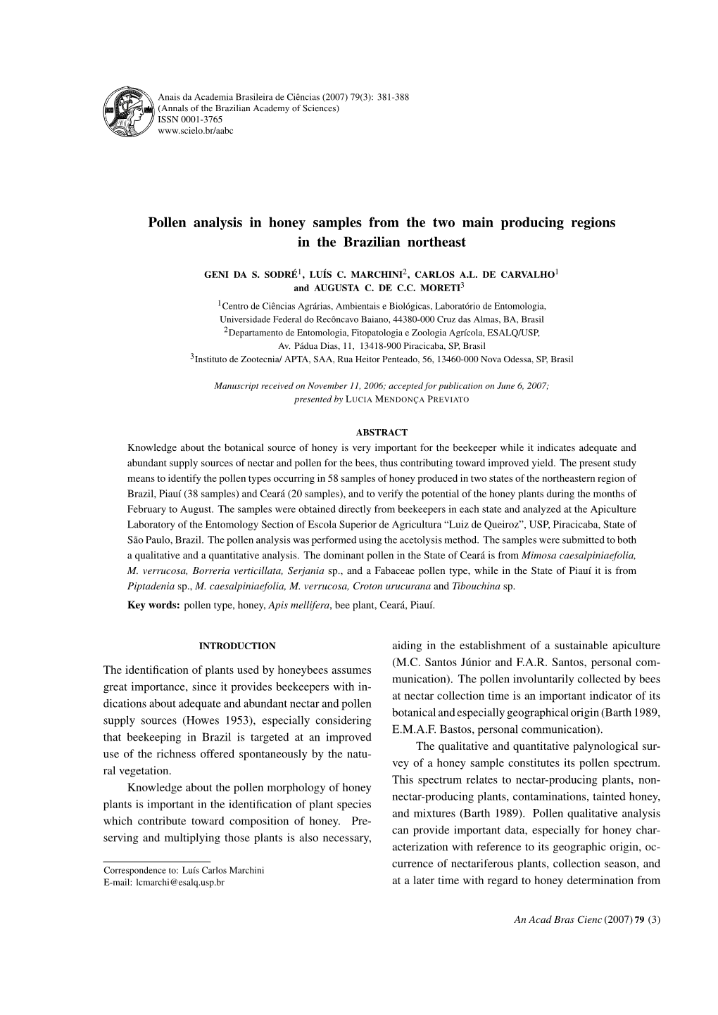 Pollen Analysis in Honey Samples from the Two Main Producing Regions in the Brazilian Northeast