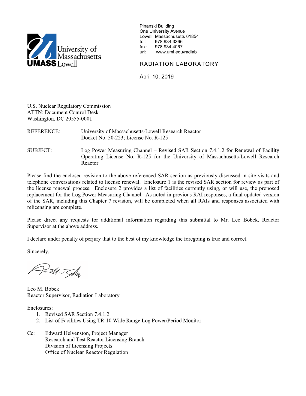 Log Power Measuring Channel – Revised SAR Section 7.4.1.2 for Renewal of Facility Operating License No