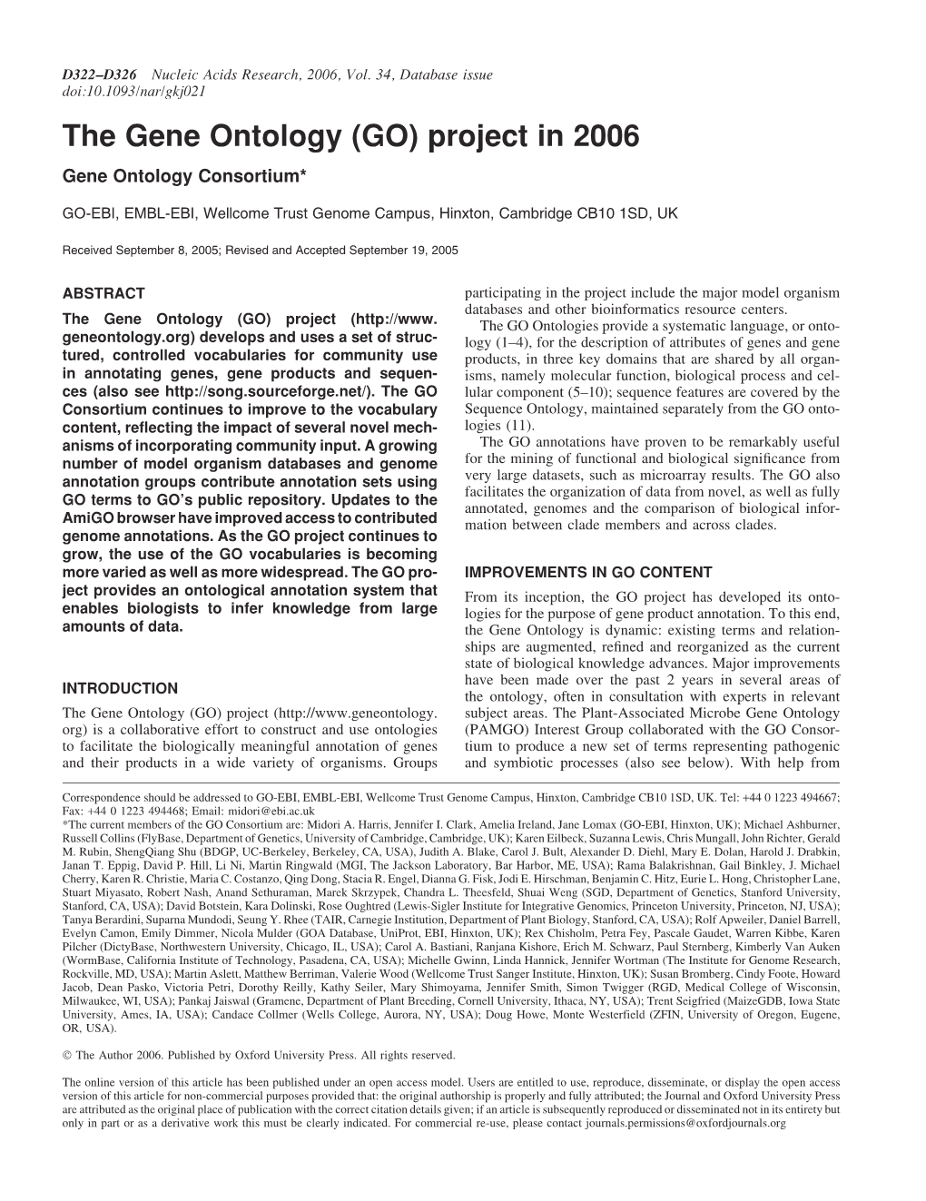 The Gene Ontology (GO) Project in 2006 Gene Ontology Consortium*