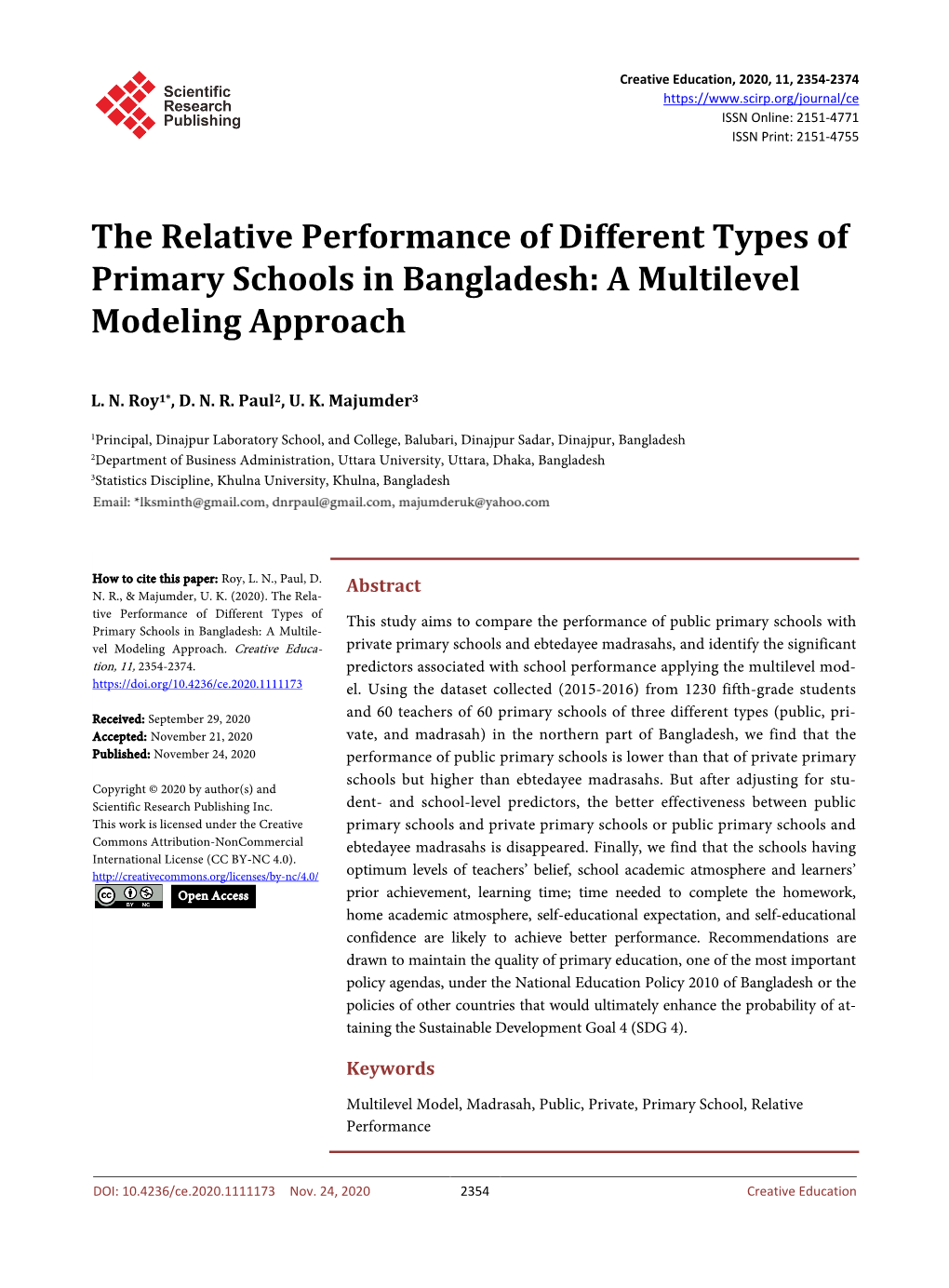 The Relative Performance of Different Types of Primary Schools in Bangladesh: a Multilevel Modeling Approach