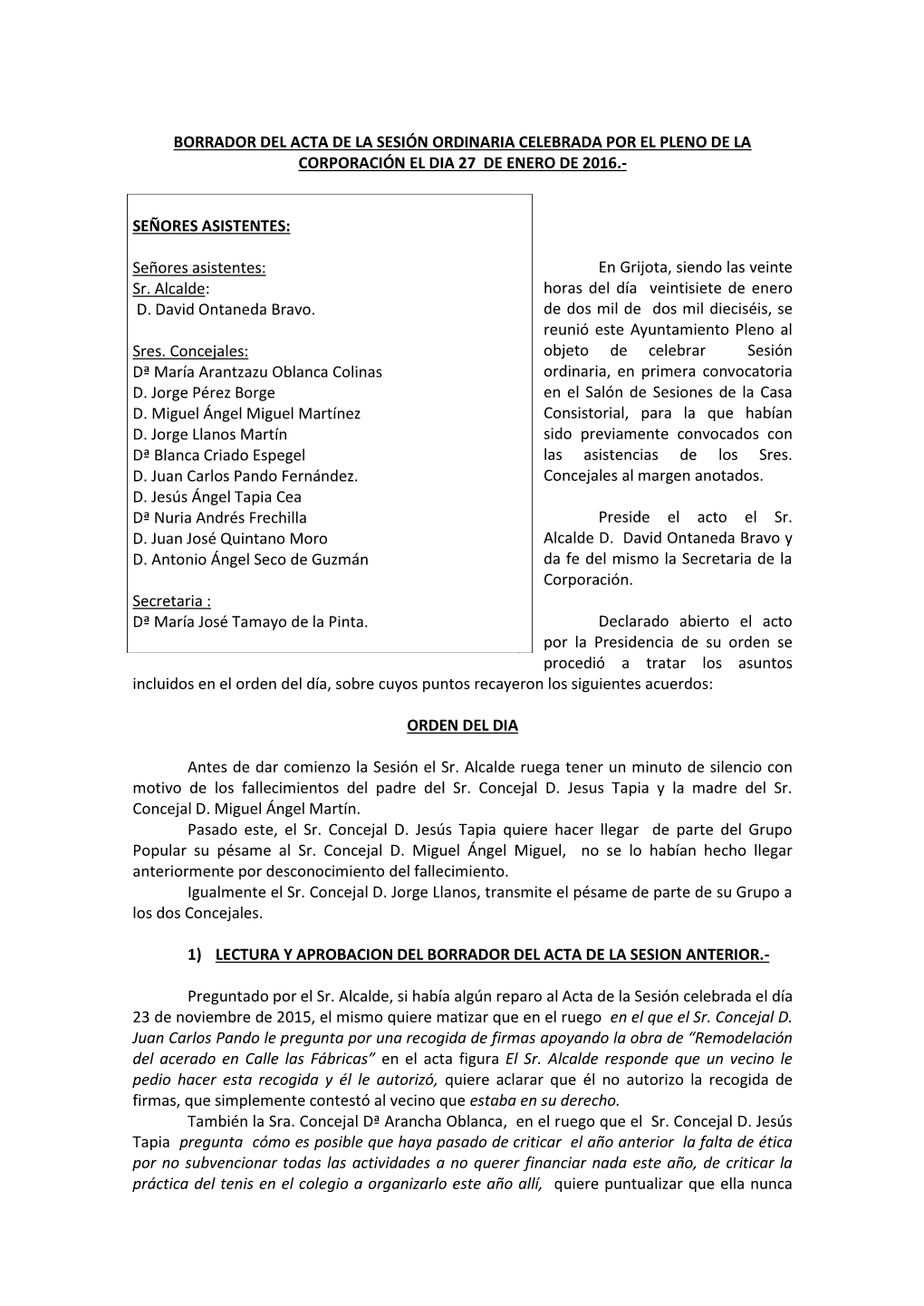 Borrador Del Acta De La Sesión Ordinaria Celebrada Por El Pleno De La Corporación El Dia 27 De Enero De 2016