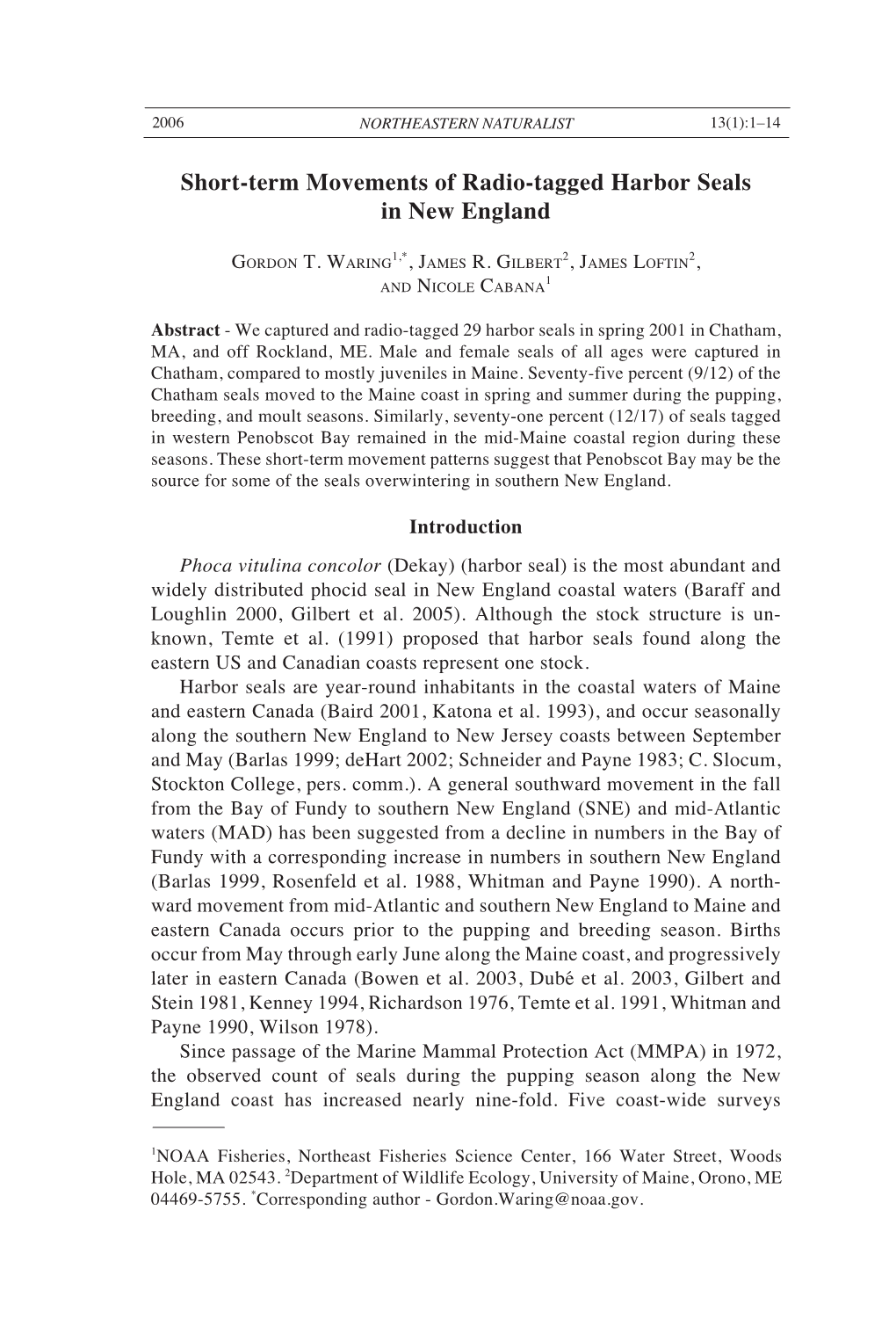 Short-Term Movements of Radio-Tagged Harbor Seals in New England