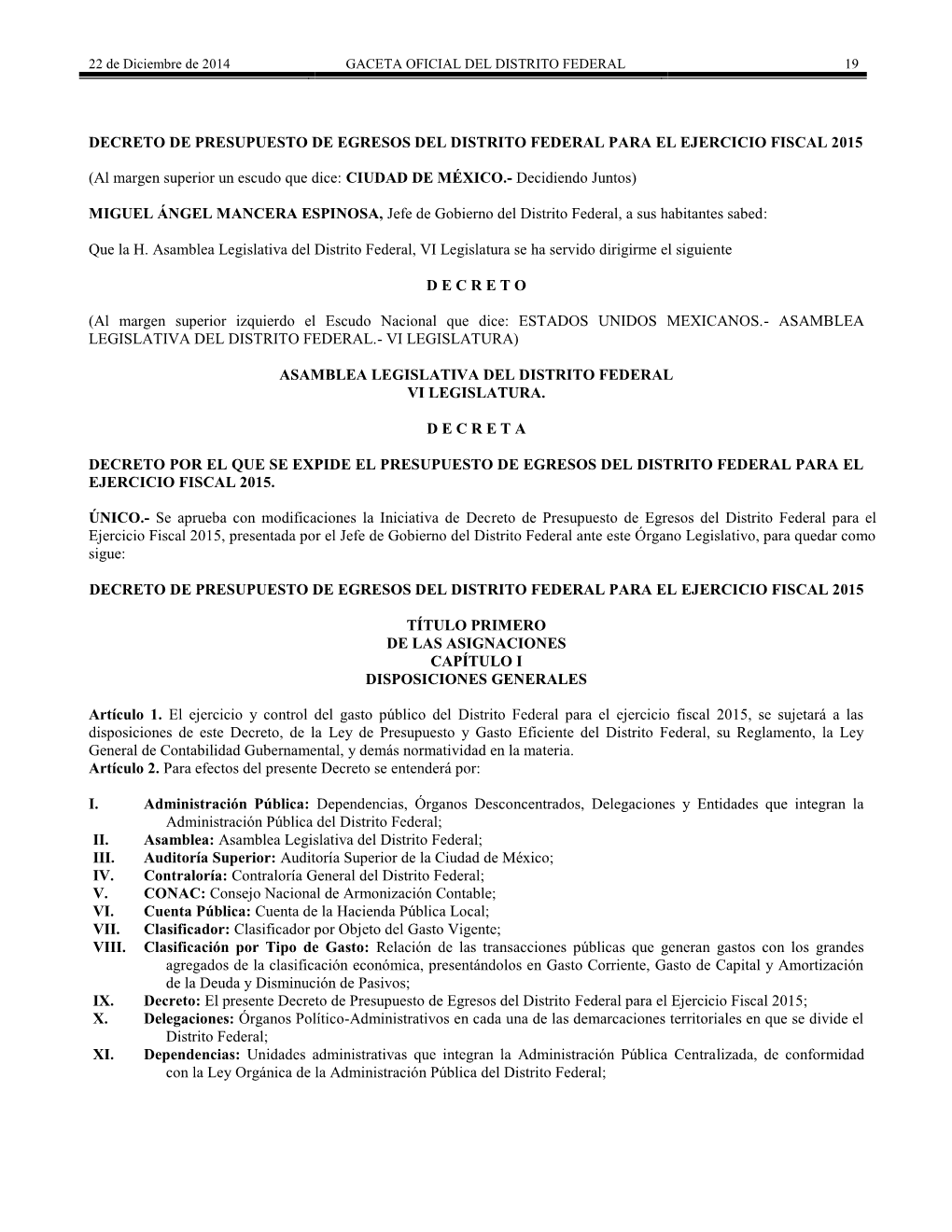 Decreto De Presupuesto De Egresos Del Distrito Federal Para El Ejercicio Fiscal 2015