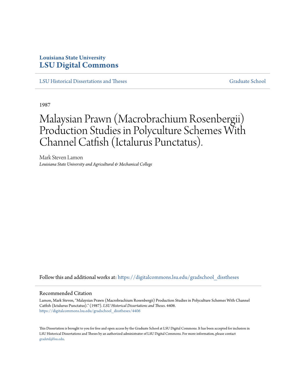 Macrobrachium Rosenbergii) Production Studies in Polyculture Schemes with Channel Catfish (Ictalurus Punctatus)