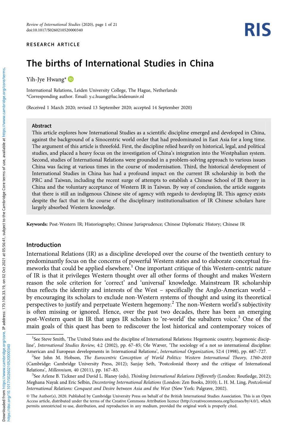 The Births of International Studies in China