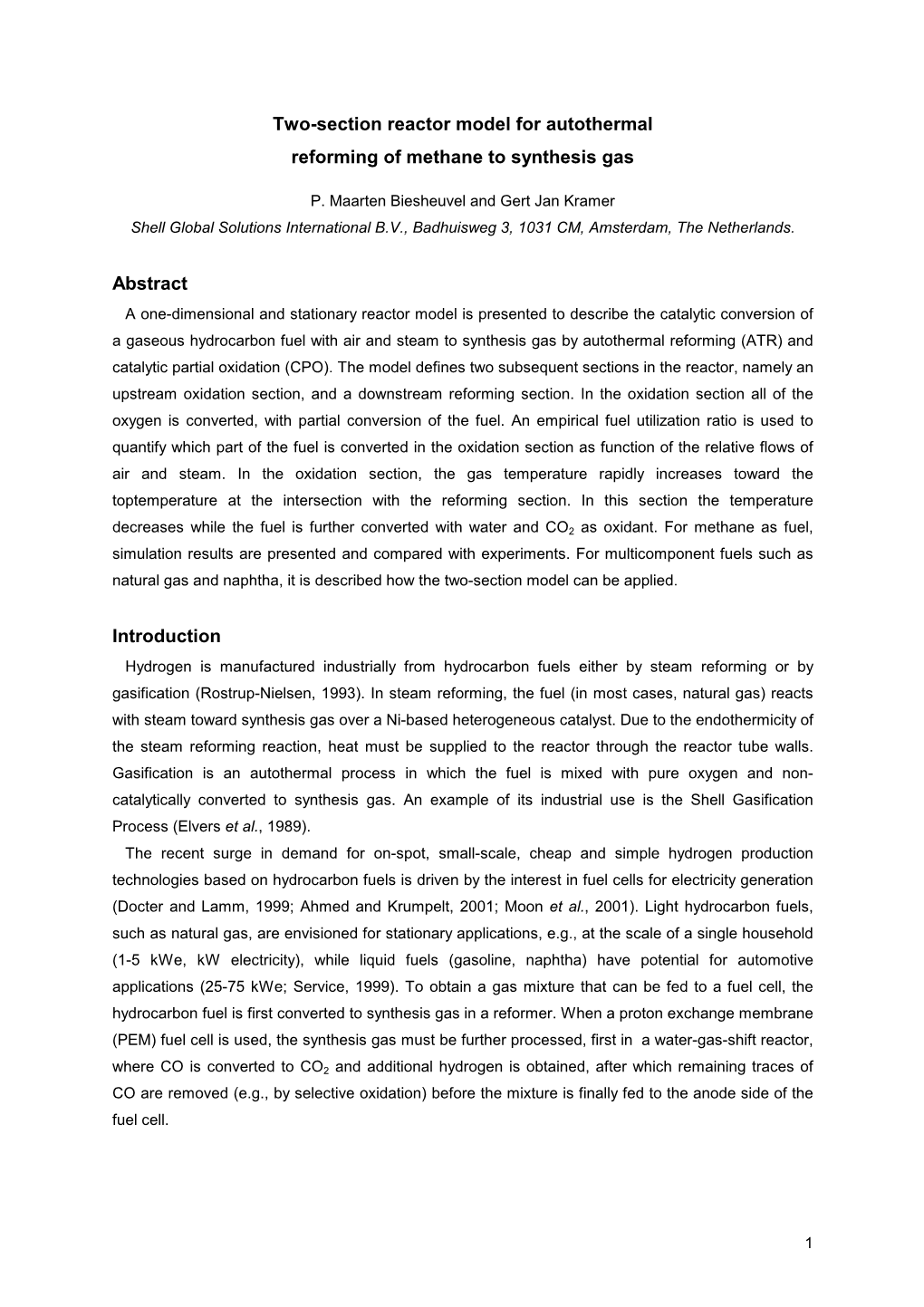 Two-Section Reactor Model for Autothermal Reforming of Methane to Synthesis Gas