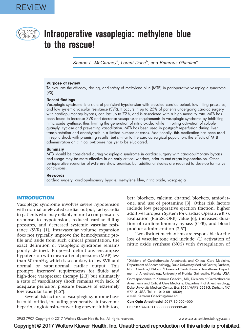 Intraoperative Vasoplegia: Methylene Blue to the Rescue!