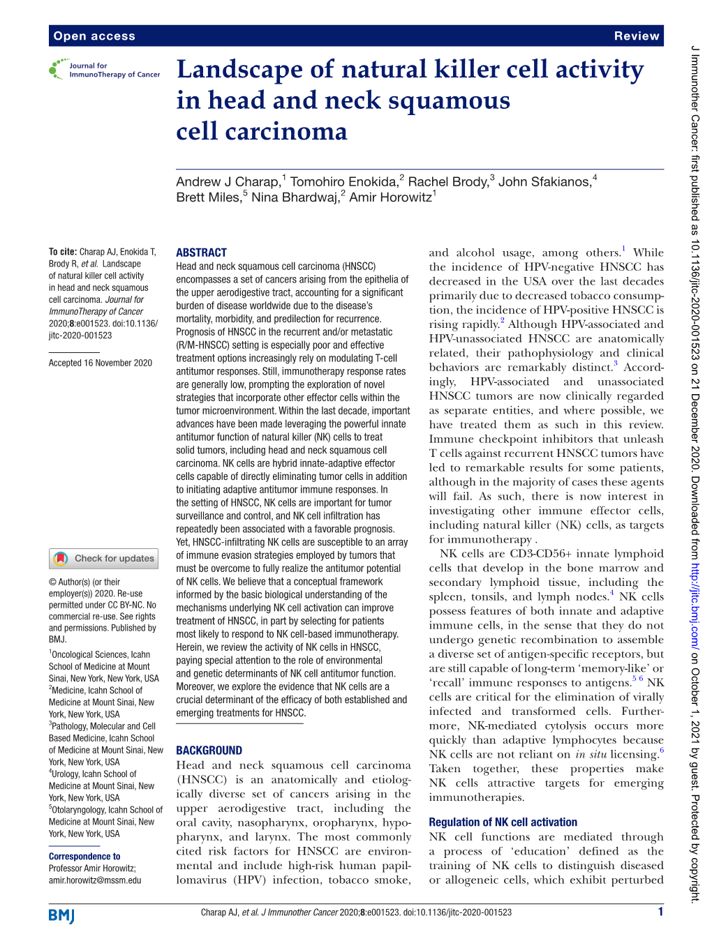 Landscape of Natural Killer Cell Activity in Head and Neck Squamous Cell Carcinoma