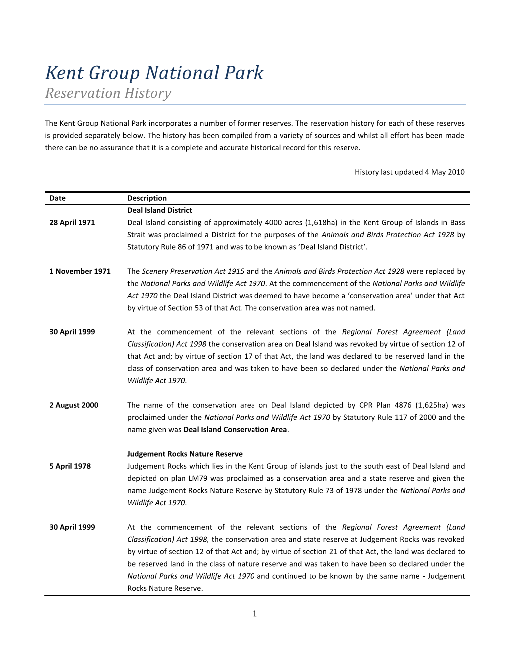 Kent Group National Park Reservation History