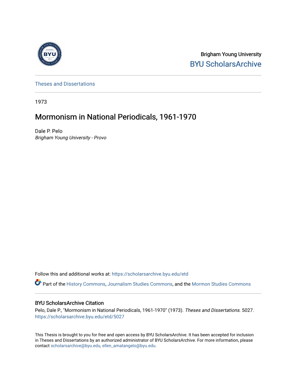 Mormonism in National Periodicals, 1961-1970