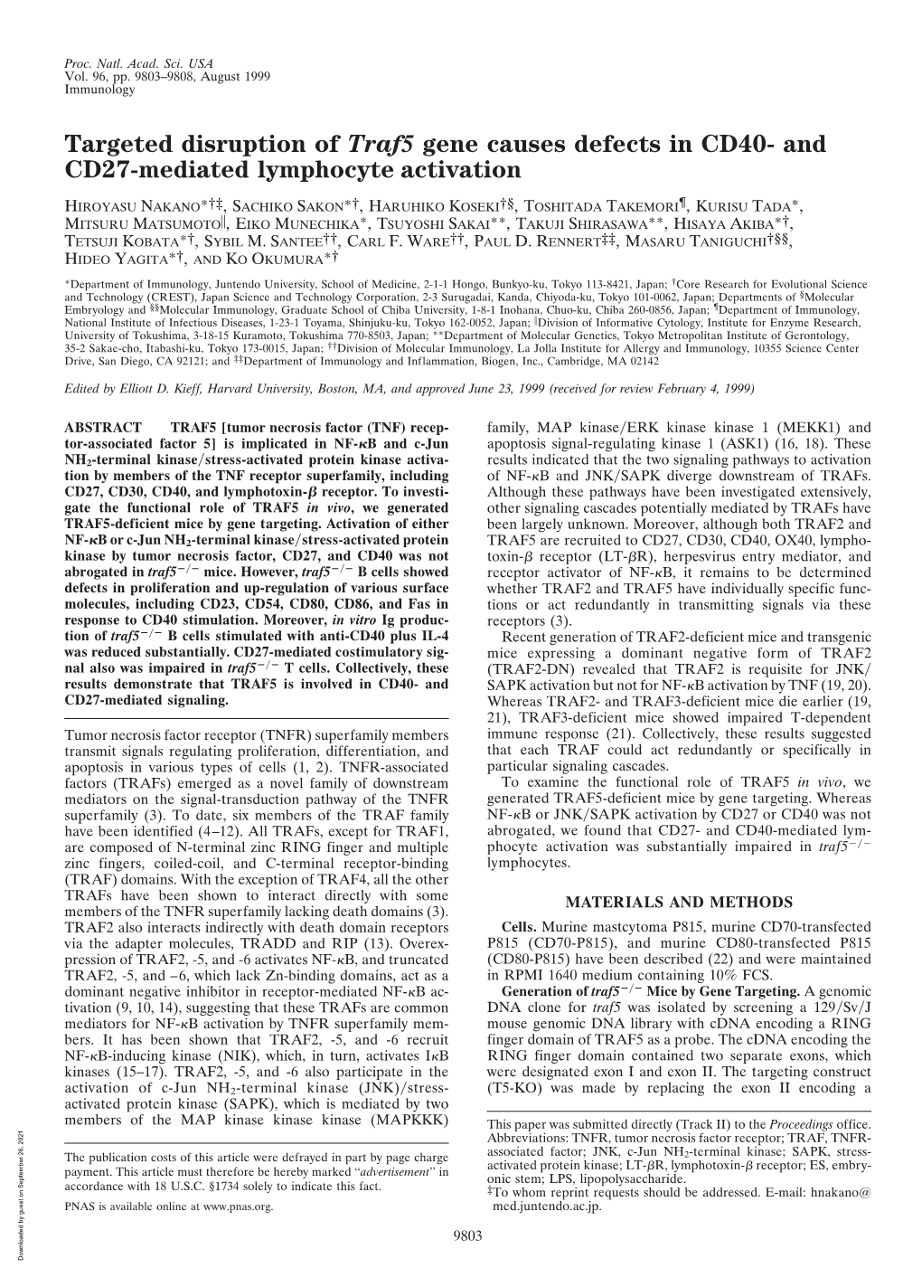 Targeted Disruption of Traf5 Gene Causes Defects in CD40- and CD27-Mediated Lymphocyte Activation