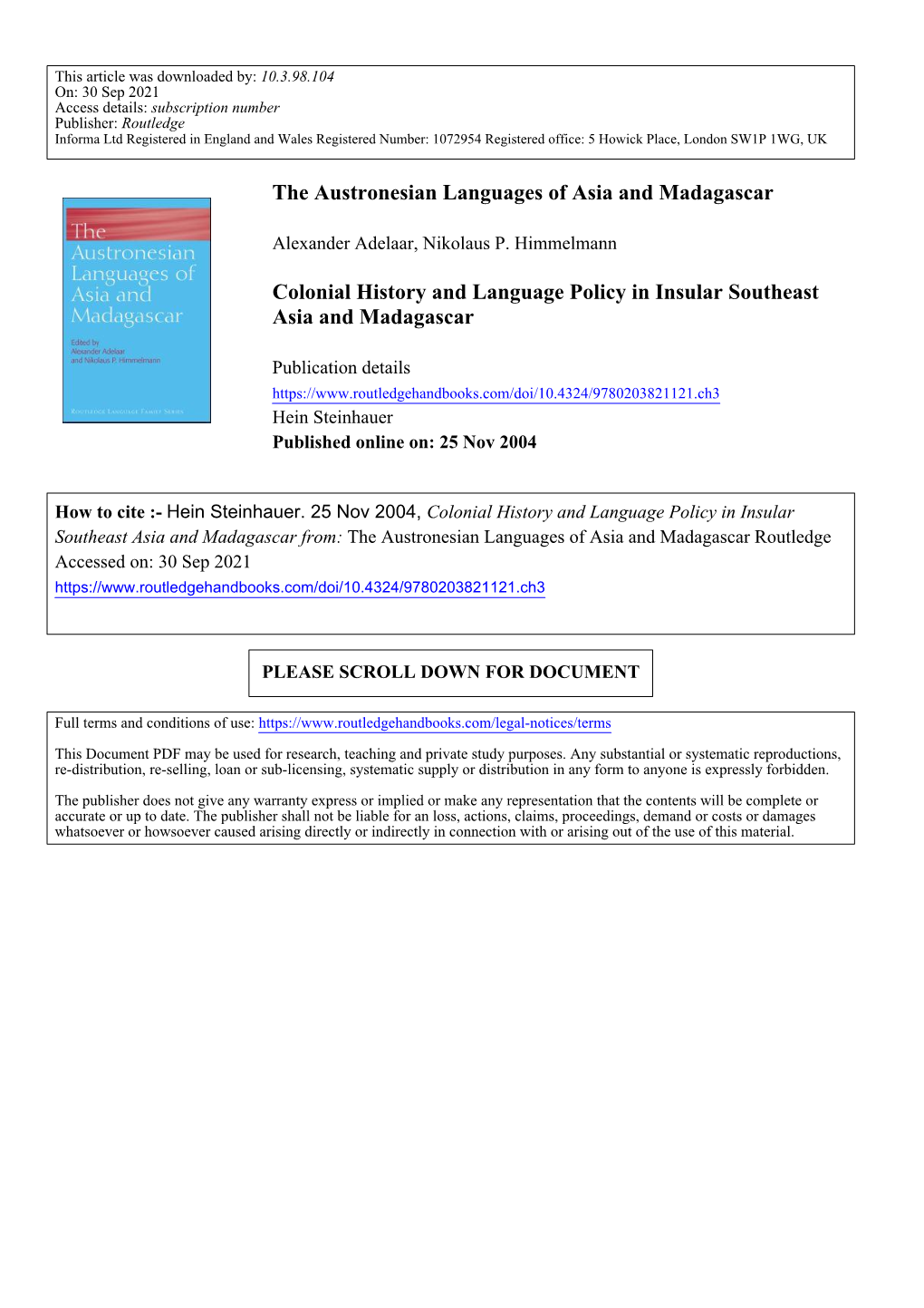 The Austronesian Languages of Asia and Madagascar Colonial History and Language Policy in Insular Southeast Asia and Madagascar