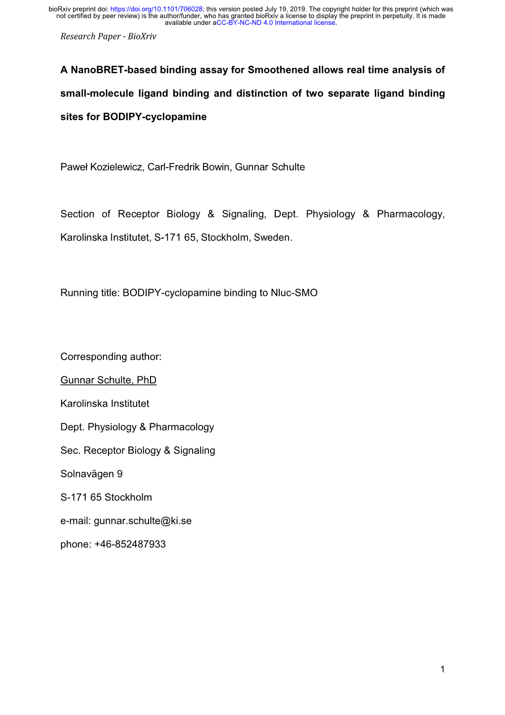 A Nanobret-Based Binding Assay for Smoothened Allows Real Time Analysis Of