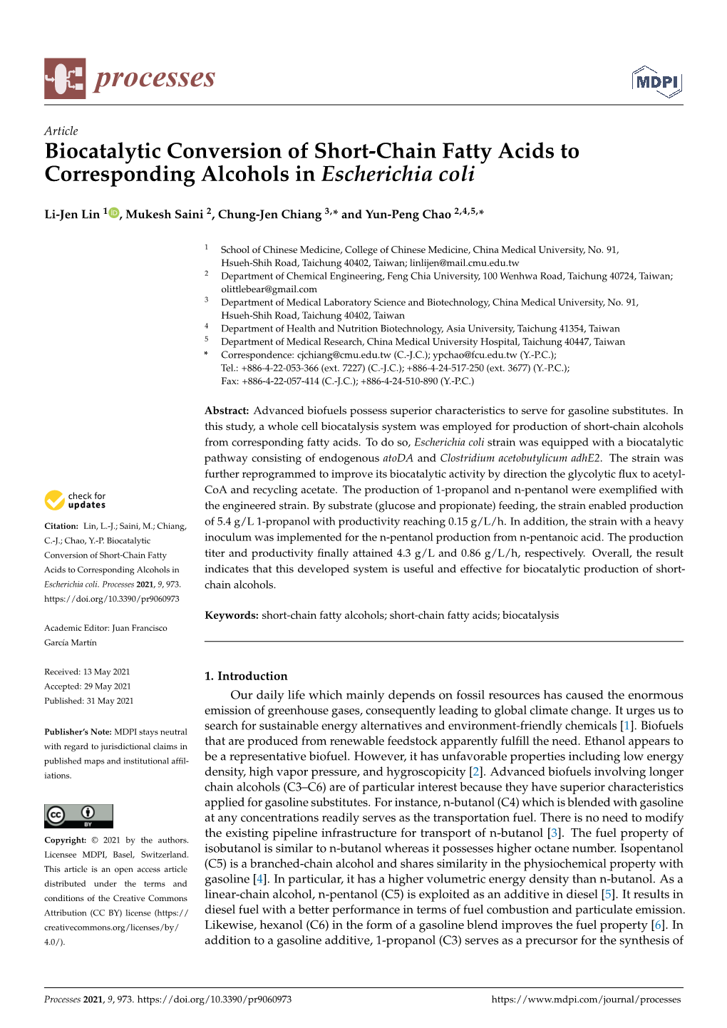 Biocatalytic Conversion of Short-Chain Fatty Acids to Corresponding Alcohols in Escherichia Coli