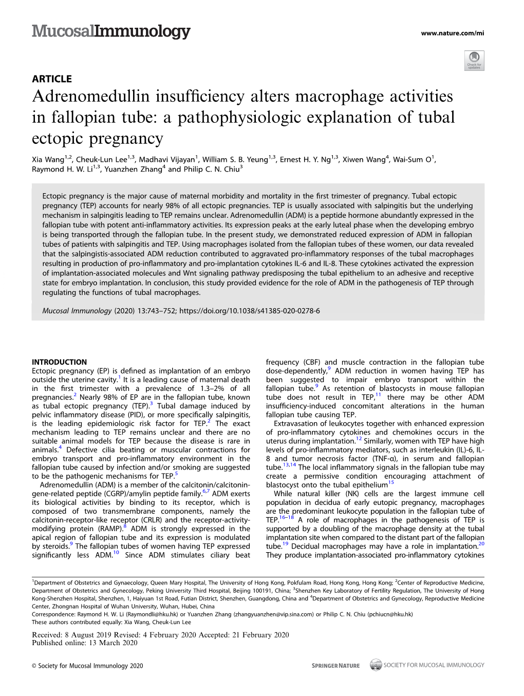 Adrenomedullin Insufficiency Alters Macrophage Activities in Fallopian Tube: a Pathophysiologic Explanation of Tubal Ectopic