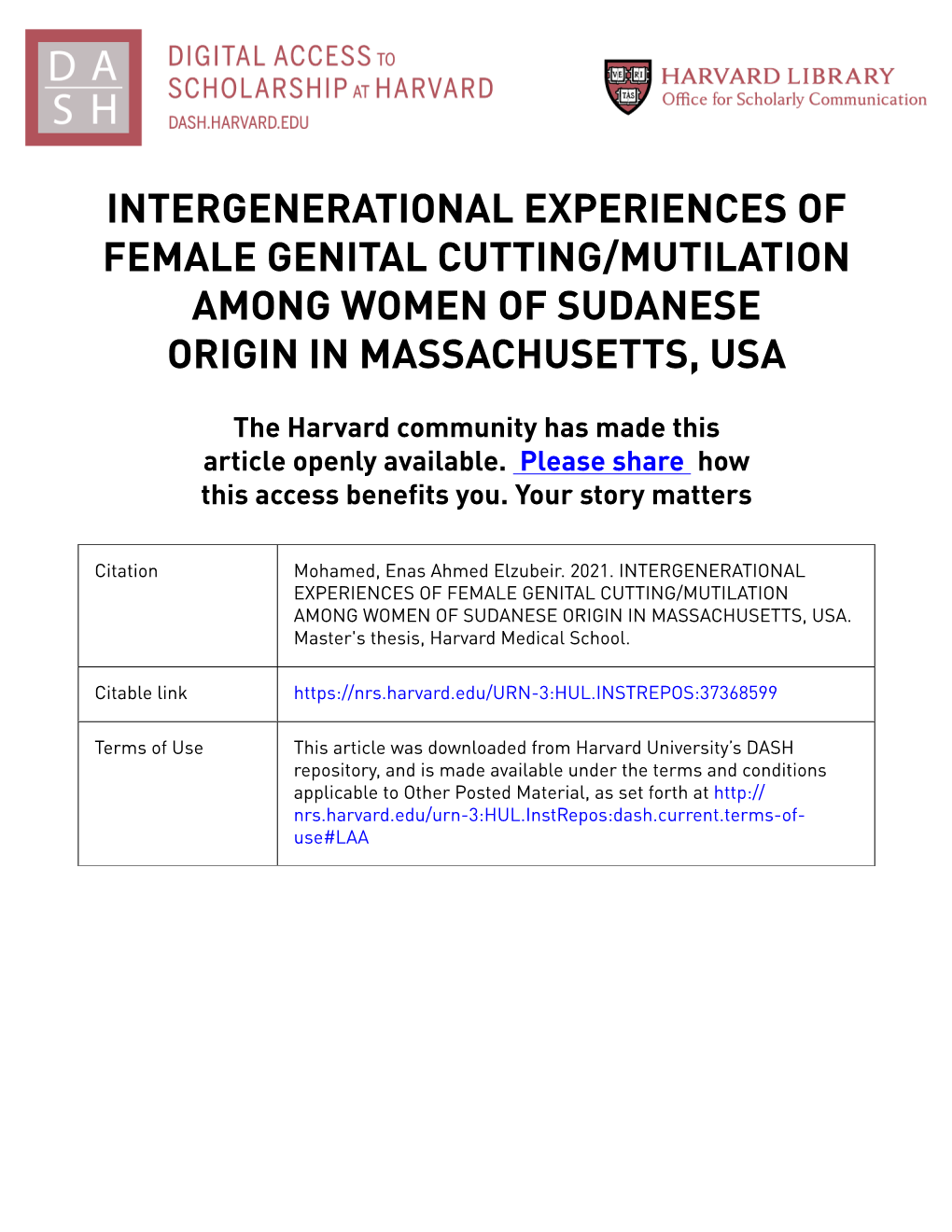 Intergenerational Experiences of Female Genital Cutting/Mutilation Among Women of Sudanese Origin in Massachusetts, Usa