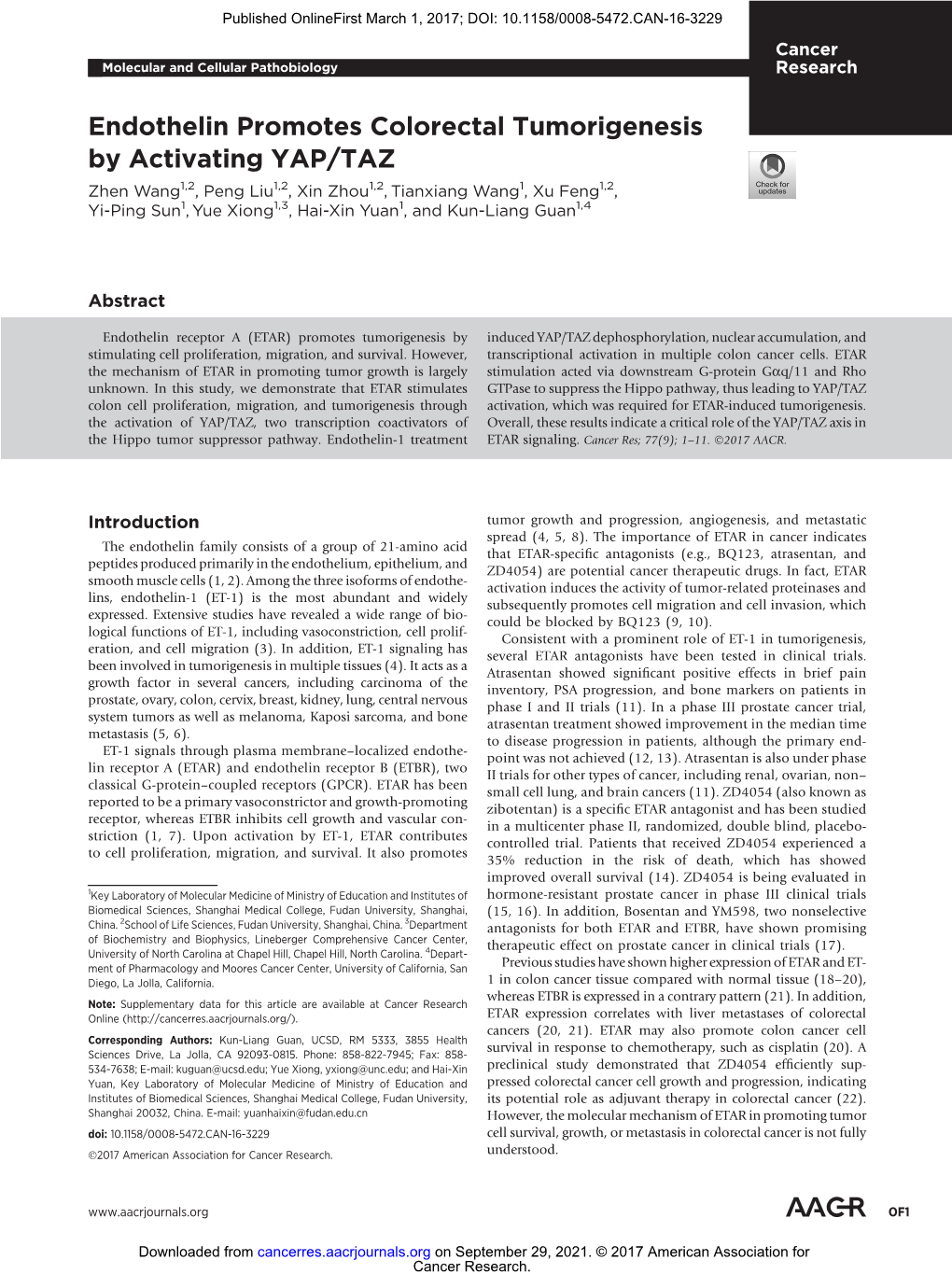 Endothelin Promotes Colorectal Tumorigenesis by Activating YAP/TAZ