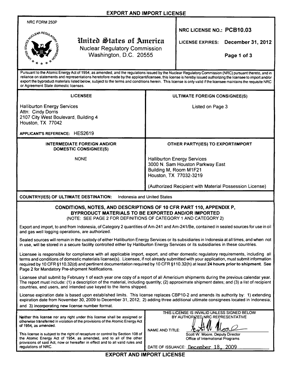 Combined Import/Export License Issued to Halliburton Dated