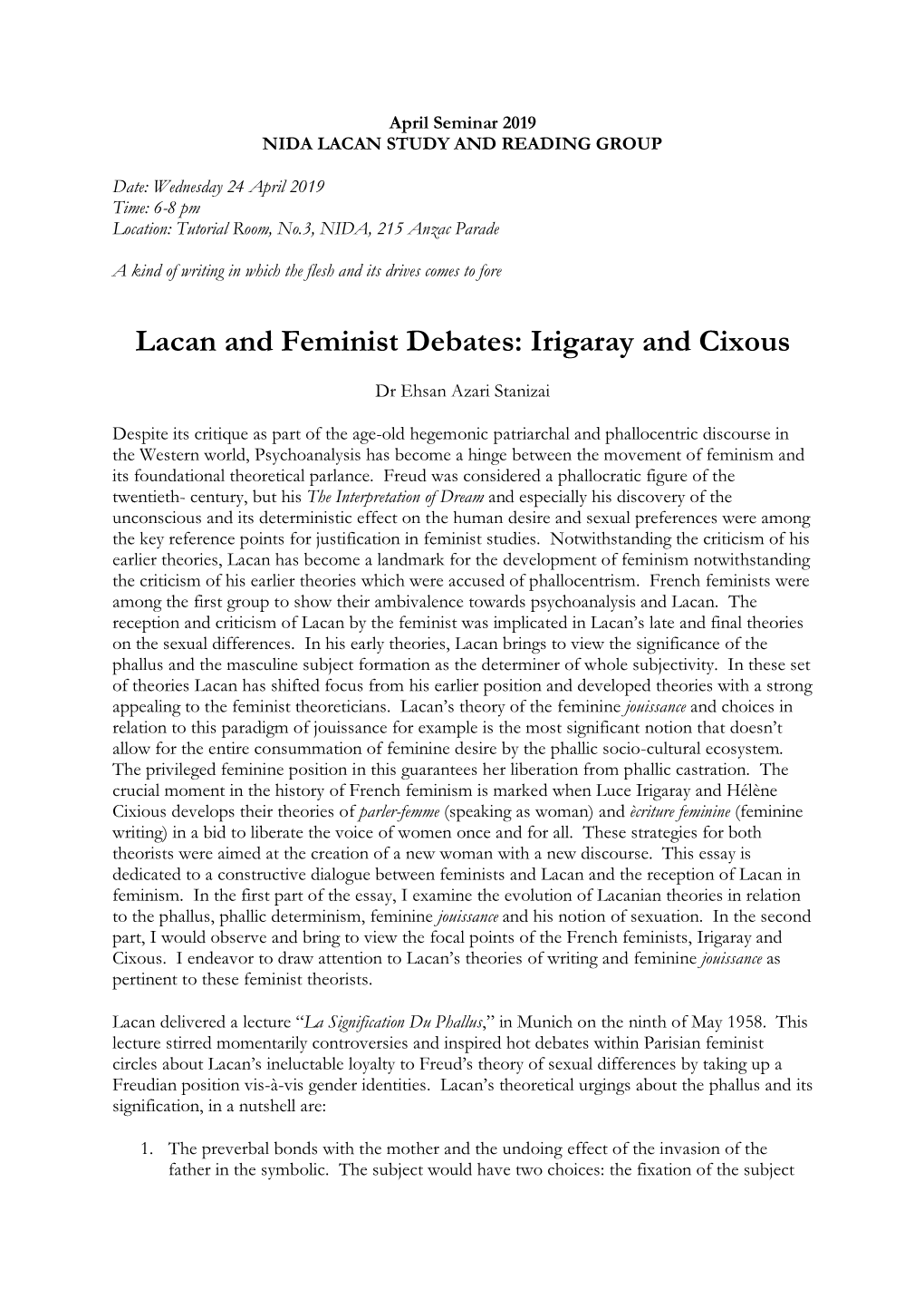 Lacan and Feminist Debates: Irigaray and Cixous