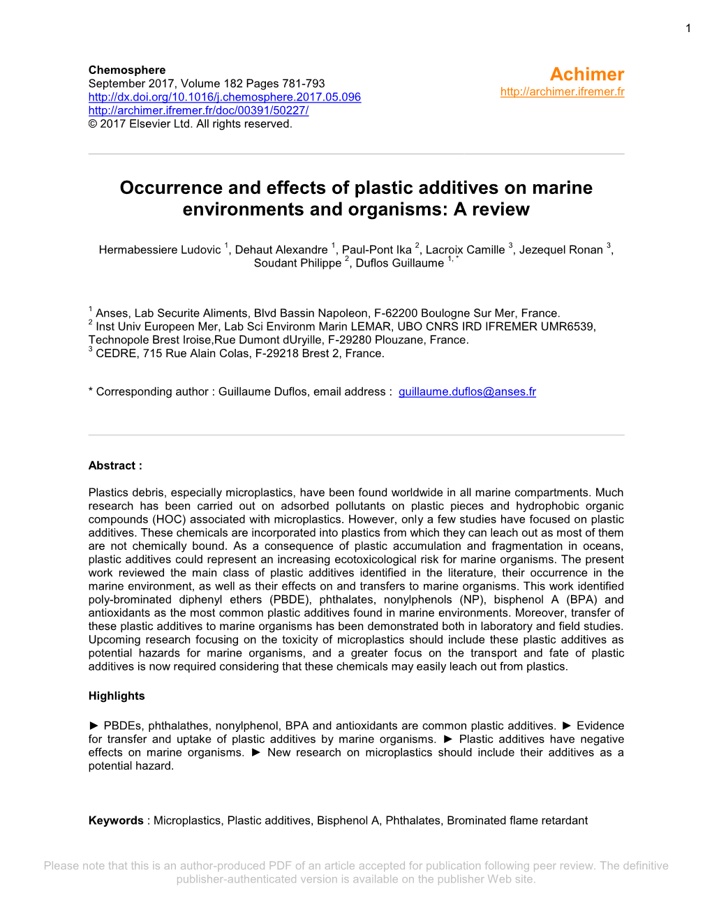 Occurrence and Effects of Plastic Additives on Marine Environments and Organisms: a Review