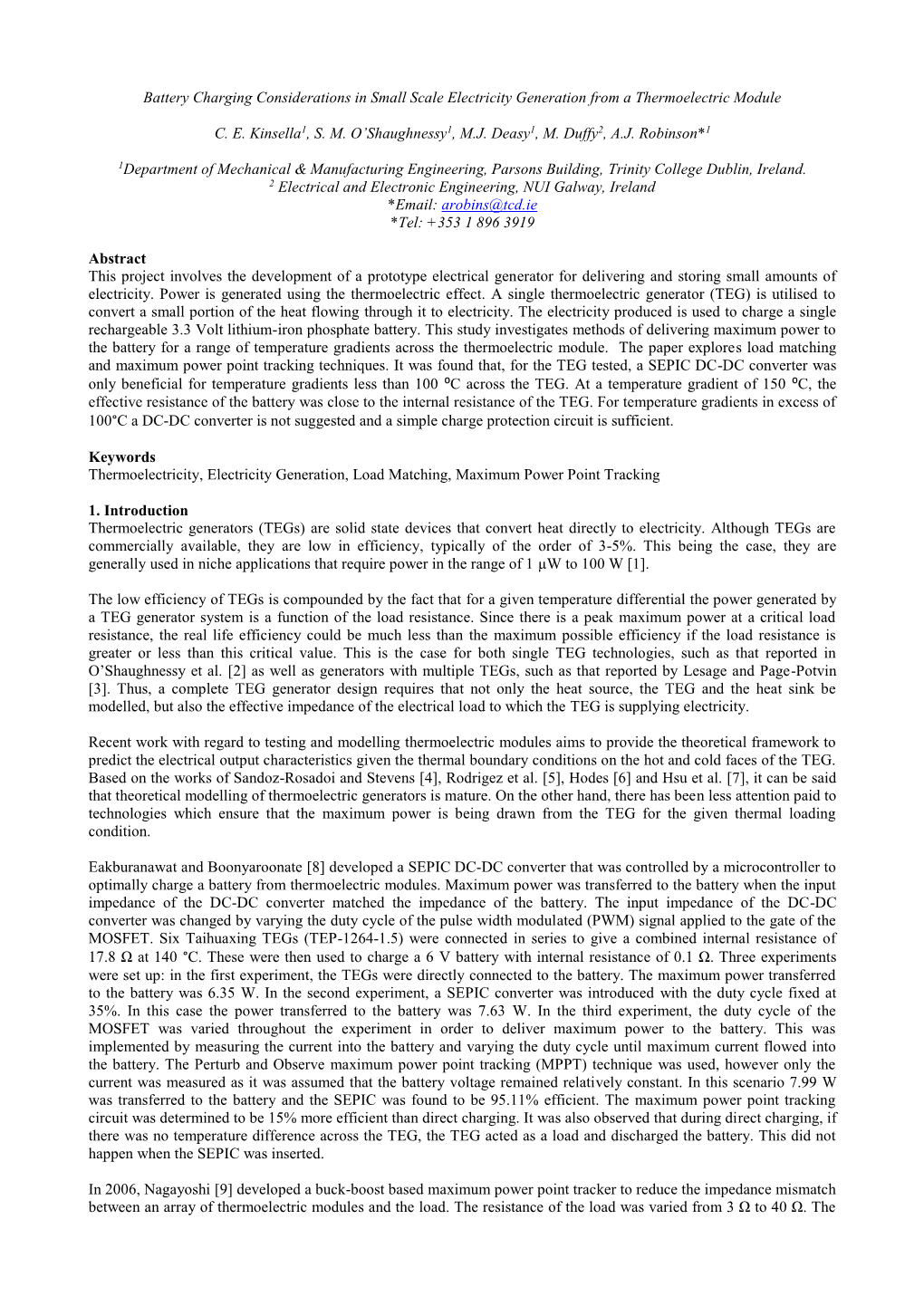 Battery Charging Considerations in Small Scale Electricity Generation from a Thermoelectric Module