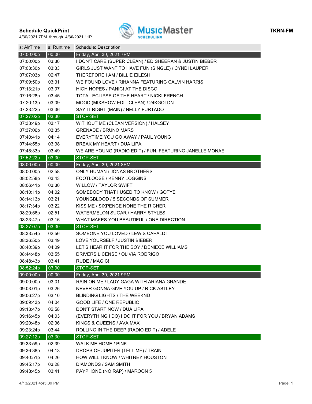 Schedule Quickprint TKRN-FM