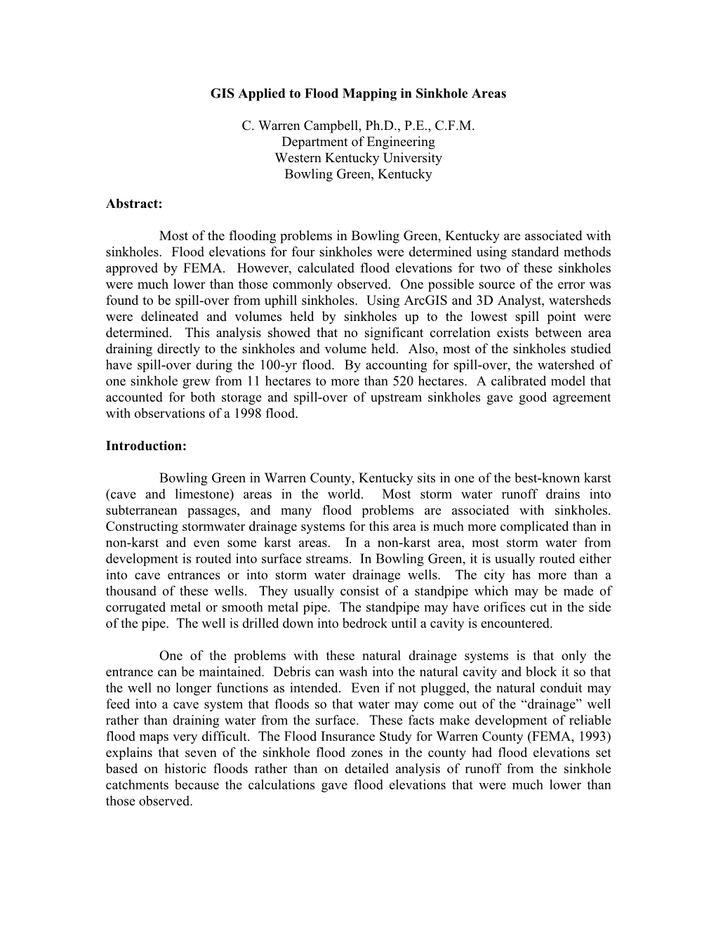 GIS Applied to Flood Mapping in Sinkhole Areas C. Warren