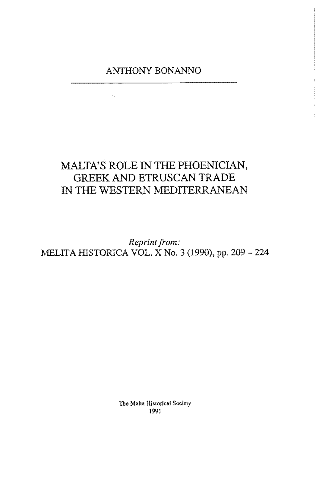 Malta's Role in the Phoenician, Greek and Etruscan Trade in the Western Mediterranean