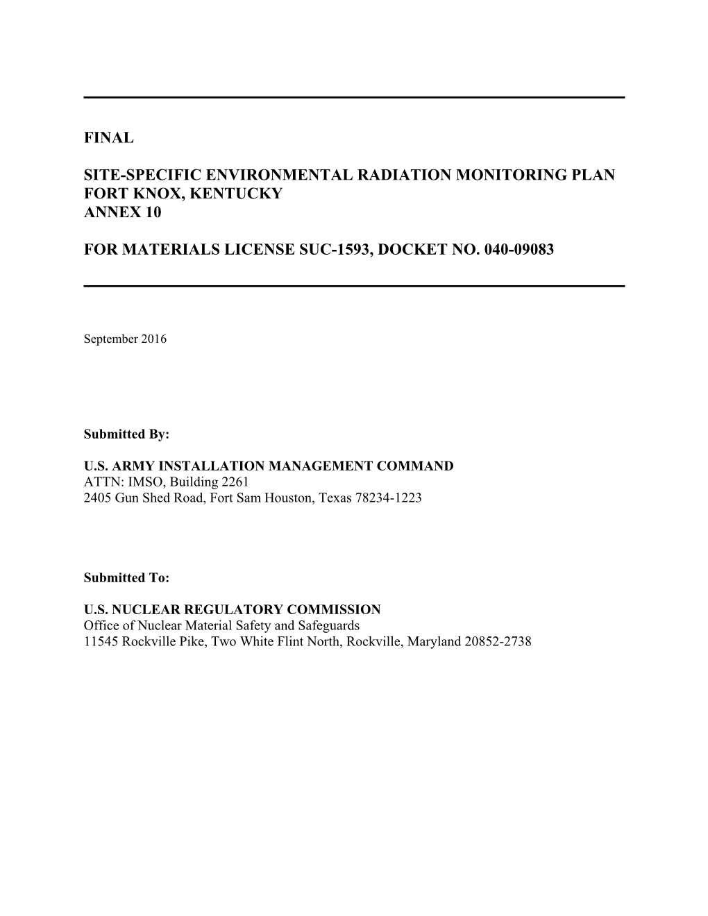 Final Site-Specific Environmental Radiation Monitoring Plan Fort Knox