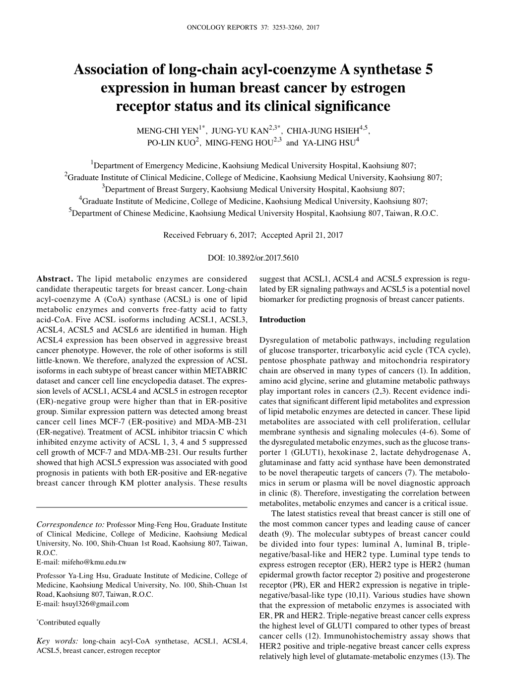 Association of Long-Chain Acyl-Coenzyme a Synthetase 5 Expression in Human Breast Cancer by Estrogen Receptor Status and Its Clinical Significance