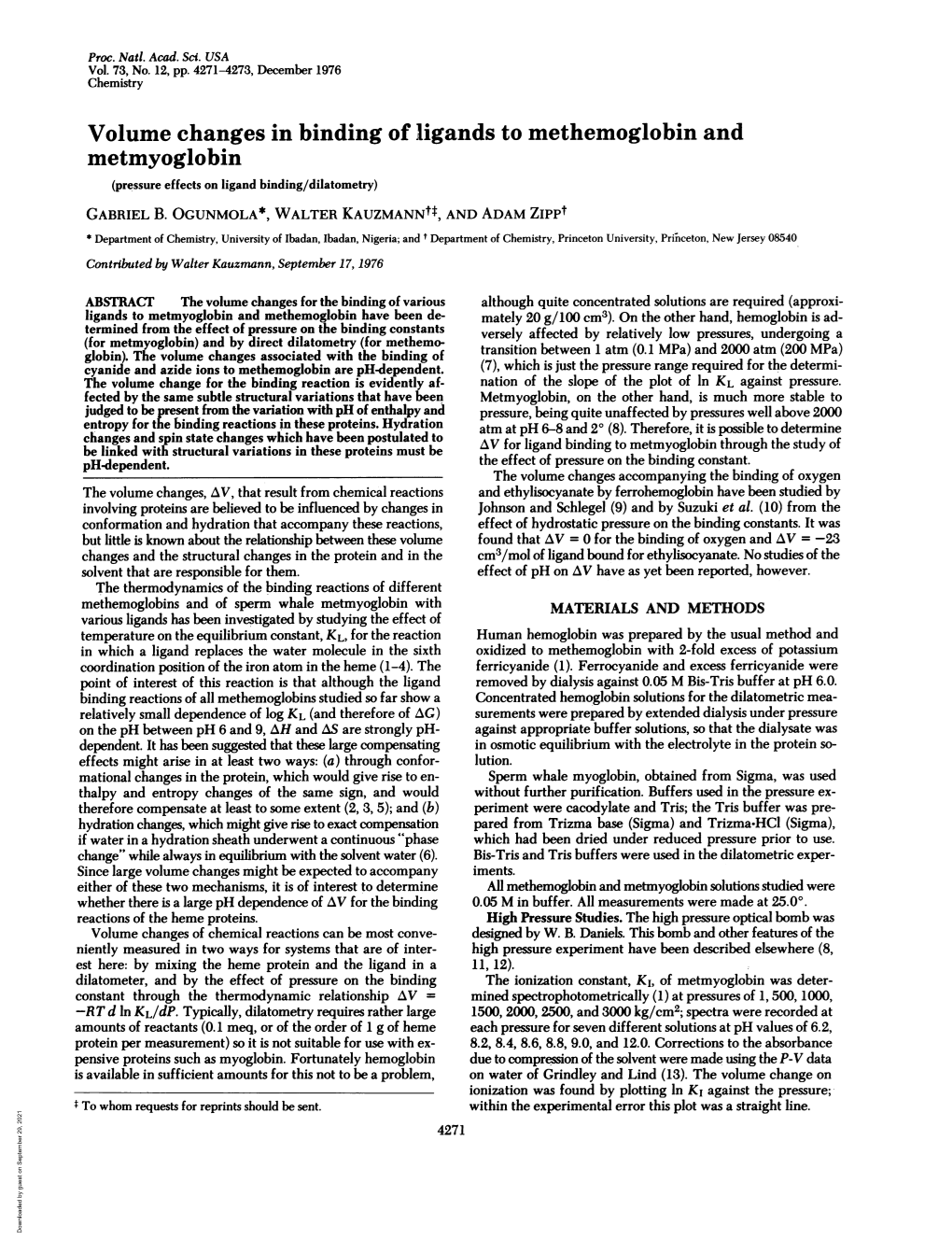 Metmyoglobin (Pressure Effects on Ligand Binding/Dilatometry) GABRIEL B