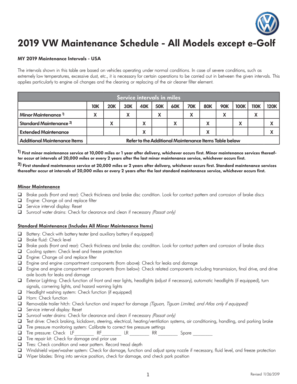 2019 VW Maintenance Schedule - All Models Except E-Golf