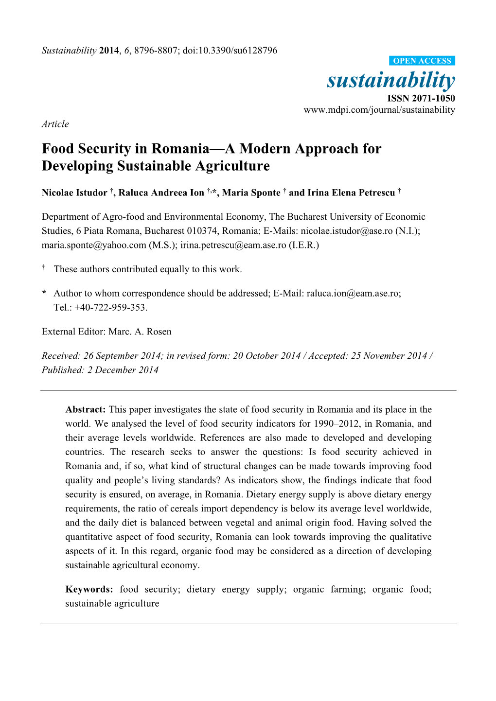 Food Security in Romania—A Modern Approach for Developing Sustainable Agriculture