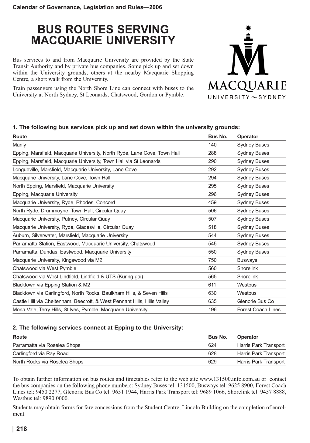 Bus Routes Serving Macquarie University