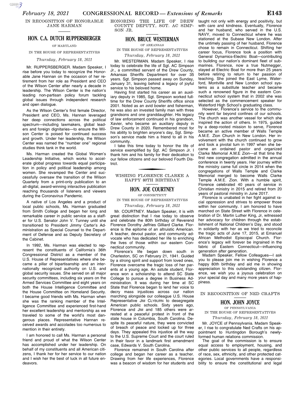 CONGRESSIONAL RECORD— Extensions of Remarks E143 HON. C.A. DUTCH RUPPERSBERGER HON. BRUCE WESTERMAN HON. JOE COURTNEY HON