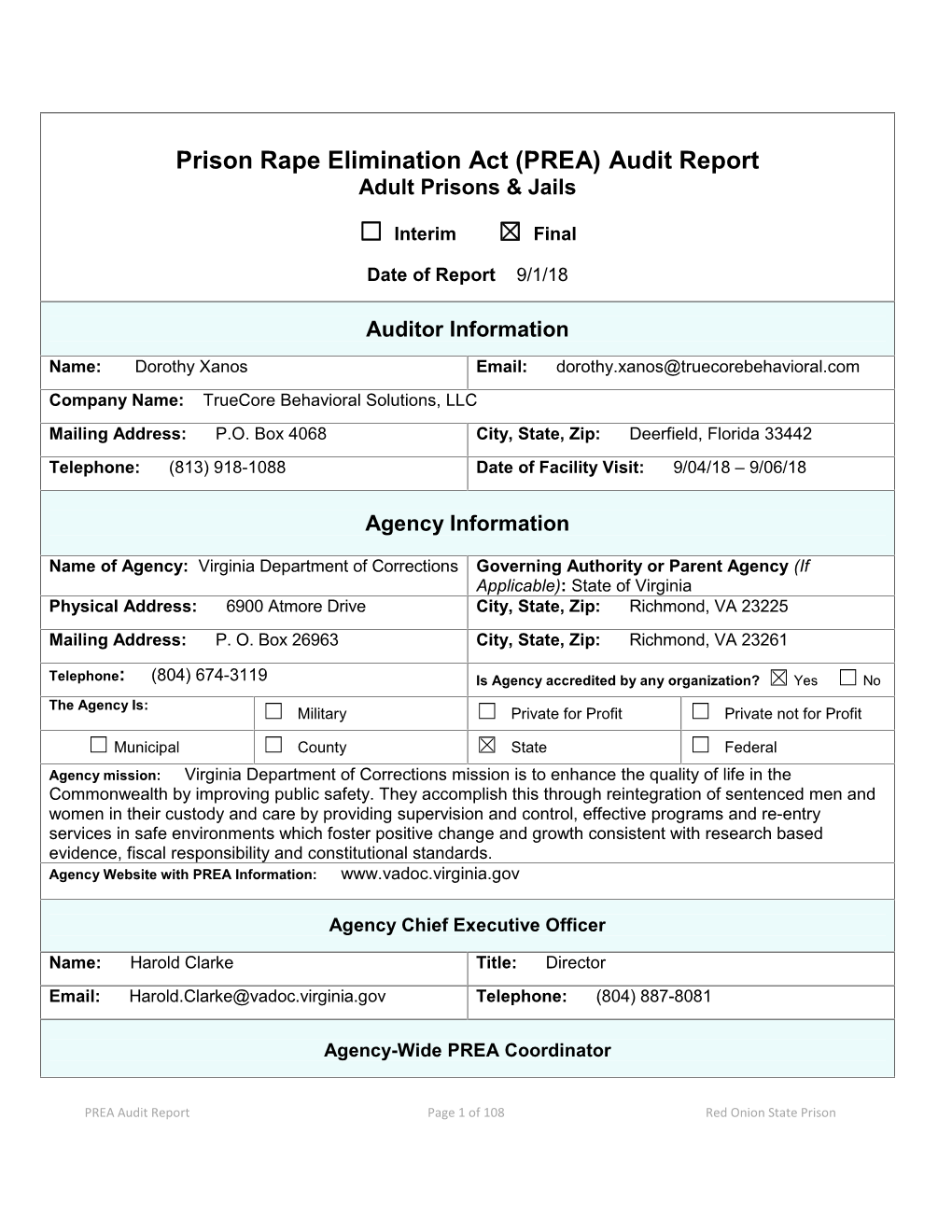 Prison Rape Elimination Act (PREA) Audit Report Adult Prisons & Jails