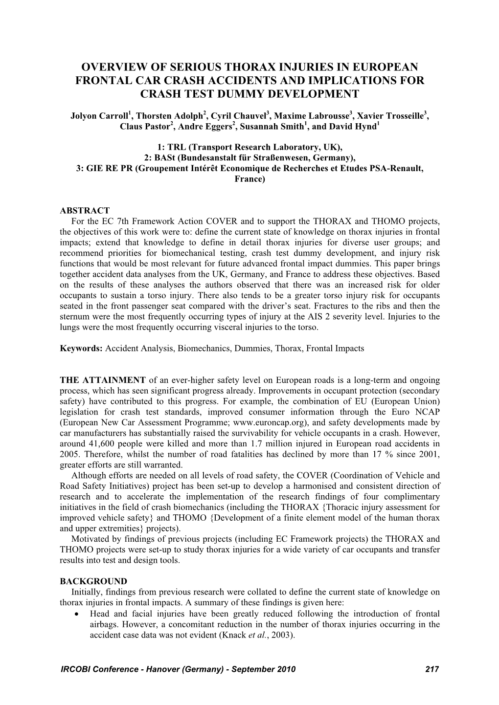 Overview of Serious Thorax Injuries in European Frontal Car Crash Accidents and Implications for Crash Test Dummy Development