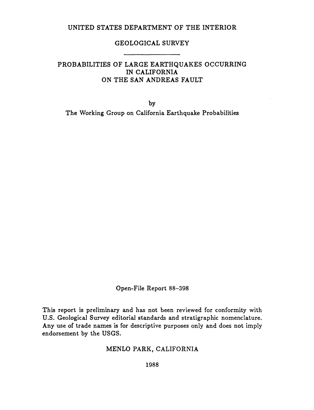 Probabilities of Large Earthquakes Occurring in California on the San Andreas Fault