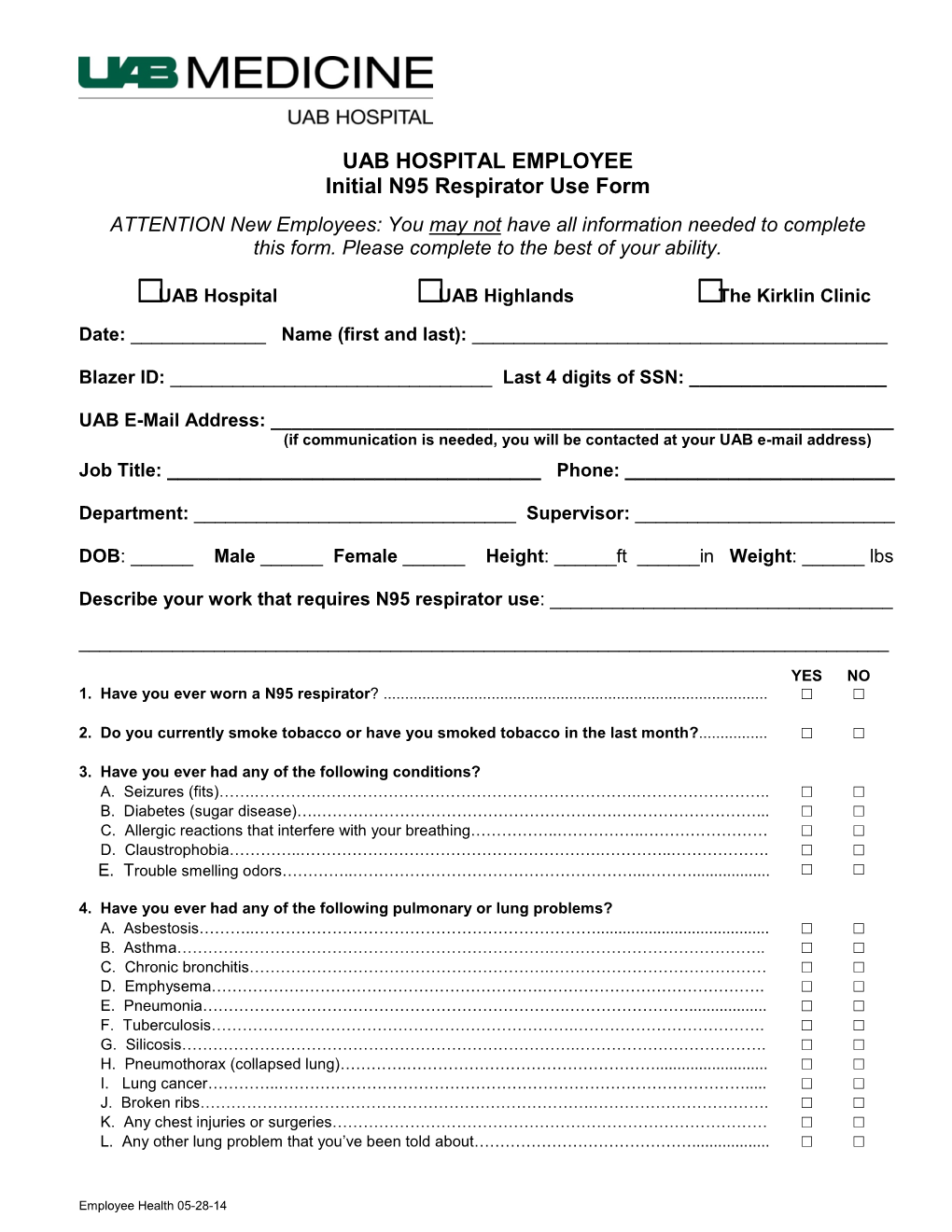 UAB HOSPITAL EMPLOYEE Initial N95 Respirator Use Form