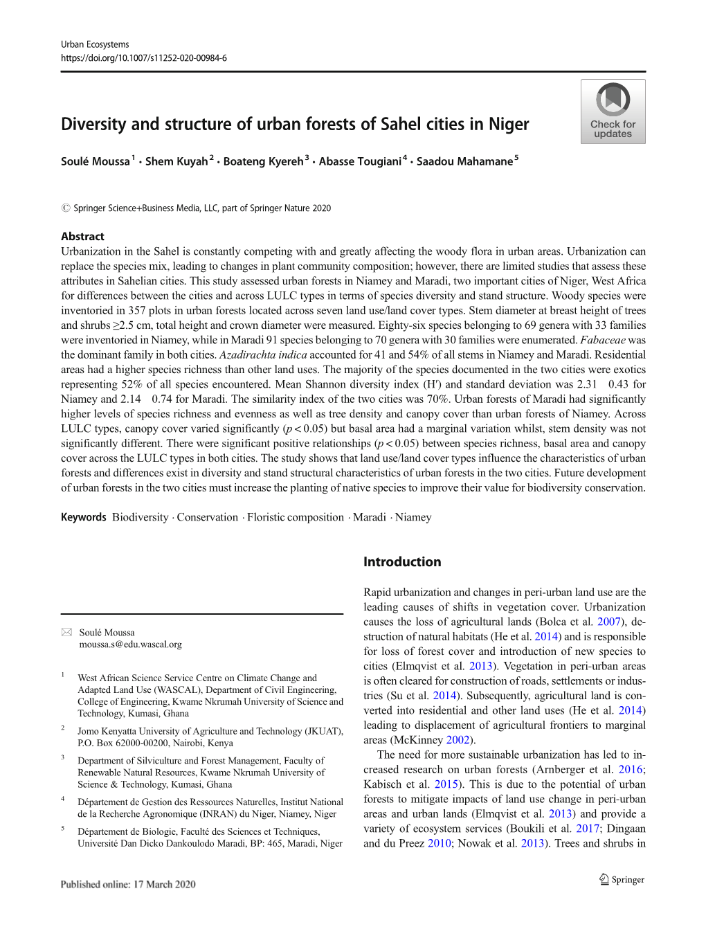 Diversity and Structure of Urban Forests of Sahel Cities in Niger