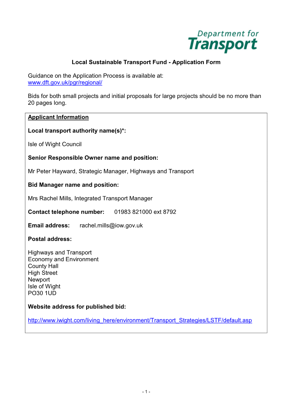 Local Sustainable Transport Fund - Application Form