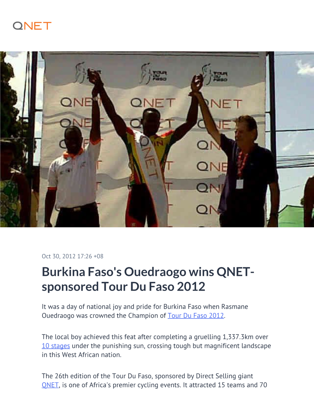 Burkina Faso's Ouedraogo Wins QNET-Sponsored Tour Du Faso 2012