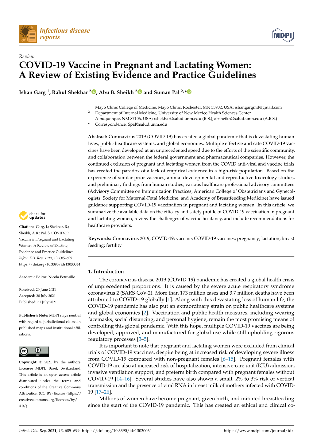 COVID-19 Vaccine in Pregnant and Lactating Women: a Review of Existing Evidence and Practice Guidelines