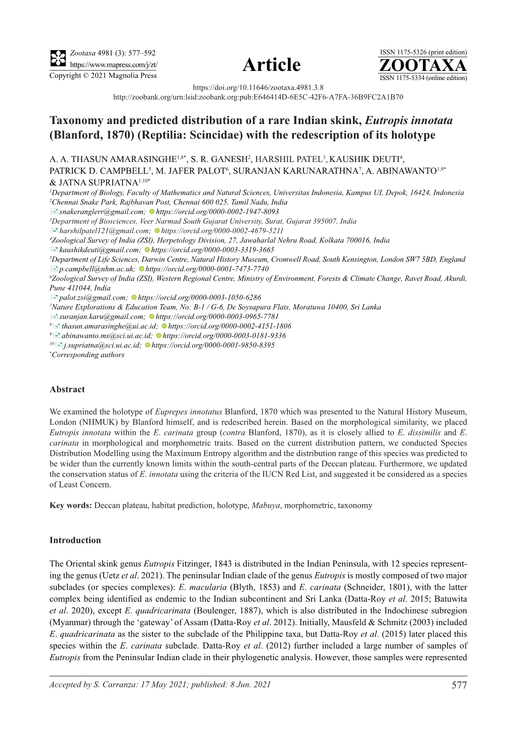 Taxonomy and Predicted Distribution of a Rare Indian Skink, Eutropis Innotata (Blanford, 1870) (Reptilia: Scincidae) with the Redescription of Its Holotype