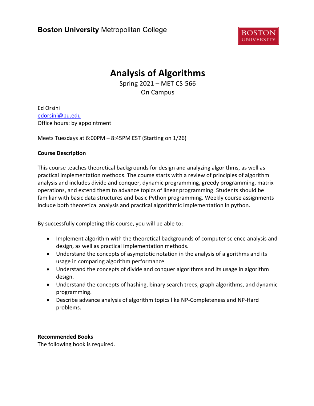 Analysis of Algorithms Spring 2021 – MET CS-566 on Campus