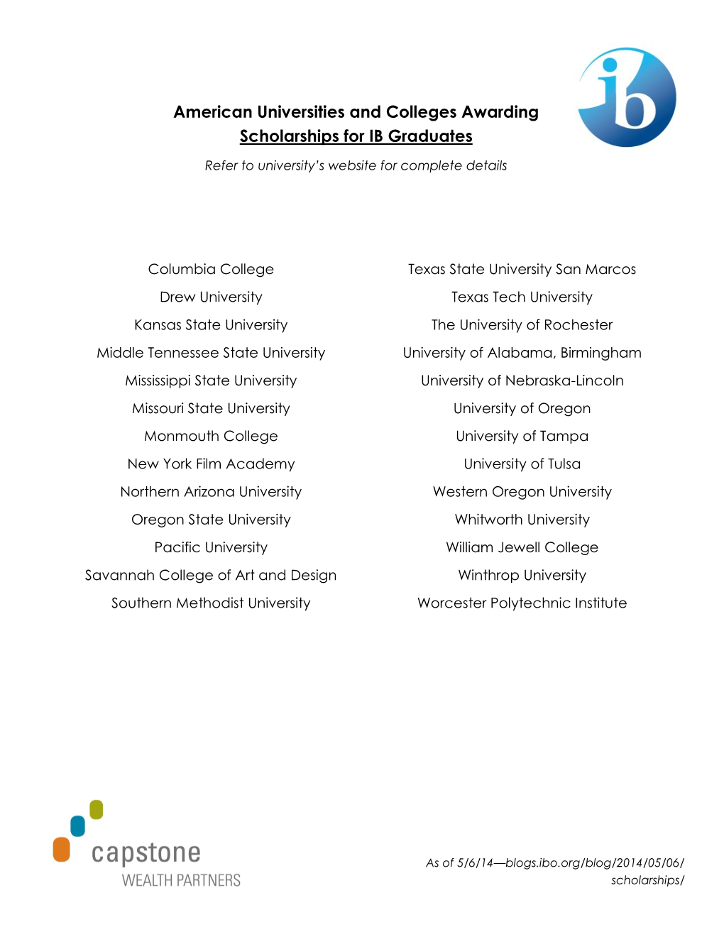 American Universities and Colleges Awarding Scholarships for IB Graduates