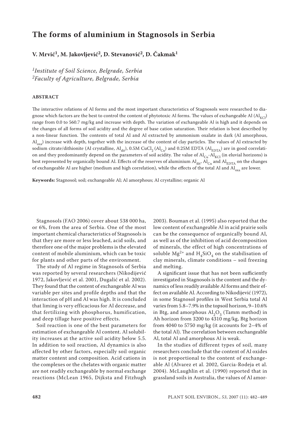 The Forms of Aluminium in Stagnosols in Serbia